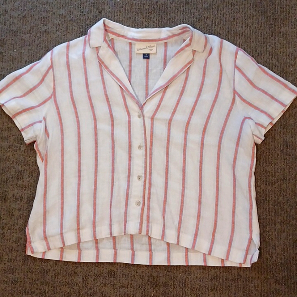 V-neck, collared shirt. Red, white, and blue stripes. Worn twice.